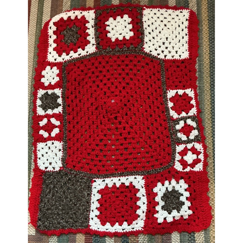 VTG Handmade Red White Brown Crochet Granny Square Sock‎ Monkey Face Kids Afghan - Picture 3 of 5